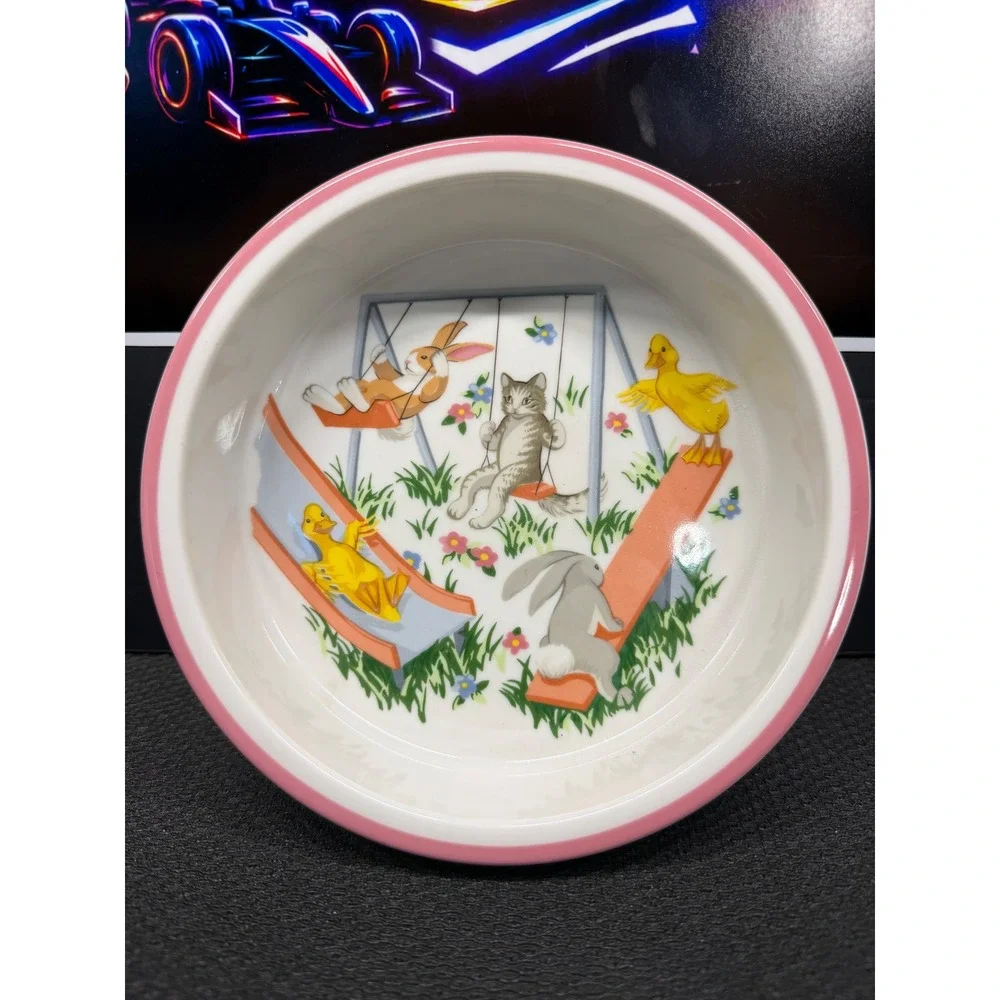 Tiffany & Co 1992 Tiffany Playground Porcelain Bowl Pink Rim Animals Japan Made